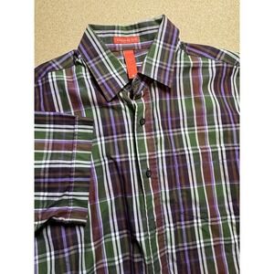 Oleg Cassini Mens‎ L Purple Check Short Sleeve Button Front Shirt